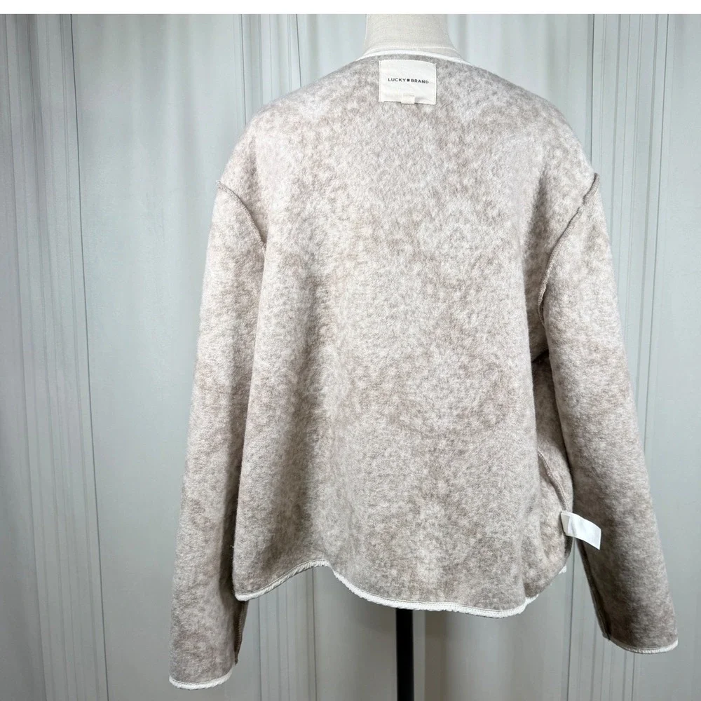 Lucky Brand Faux Shearling Jacket Neutral Multi Taupe Quilted Trim Button L